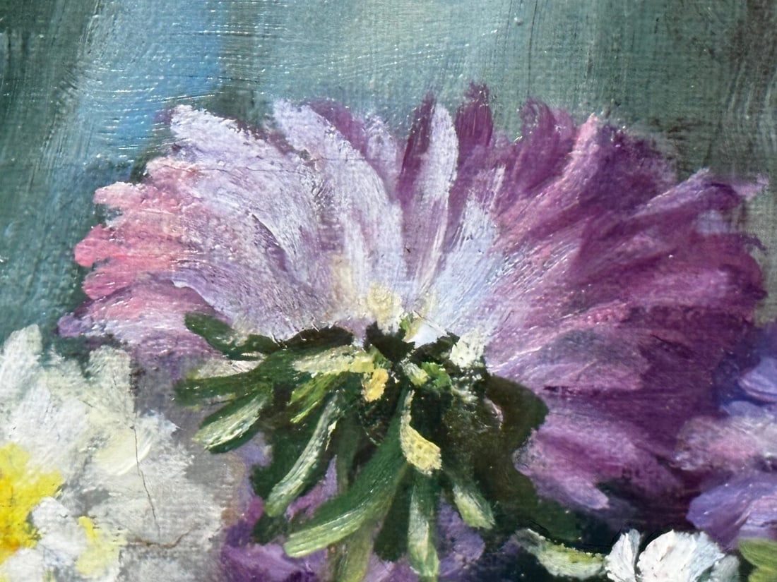 Victorian Still Life Oil Painting Flowers Chrysanthemums In Vase Emily Selinger - 12