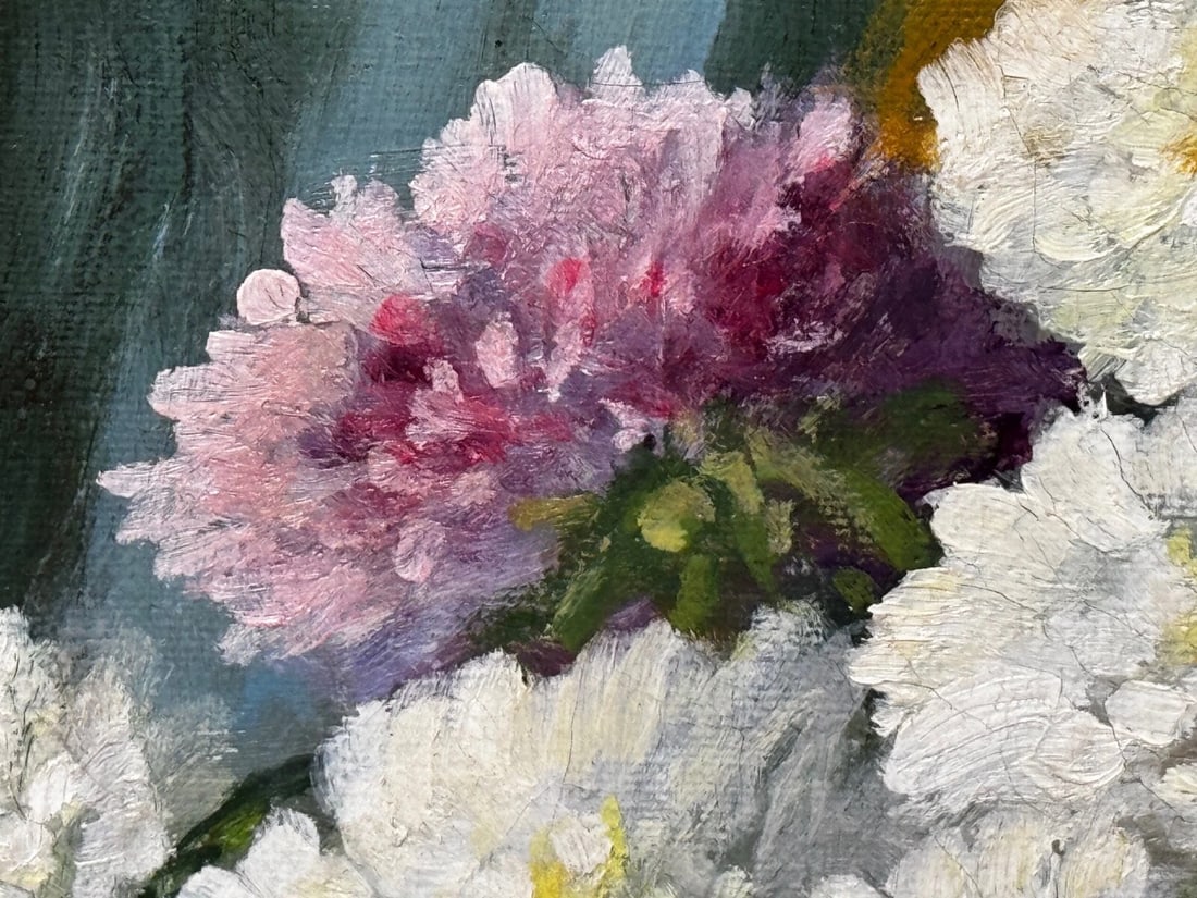 Victorian Still Life Oil Painting Flowers Chrysanthemums In Vase Emily Selinger - 14