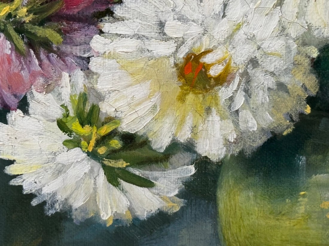 Victorian Still Life Oil Painting Flowers Chrysanthemums In Vase Emily Selinger - 18