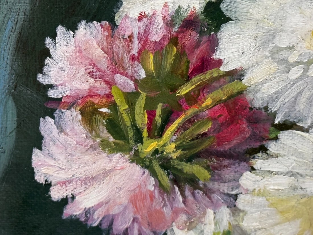 Victorian Still Life Oil Painting Flowers Chrysanthemums In Vase Emily Selinger - 19
