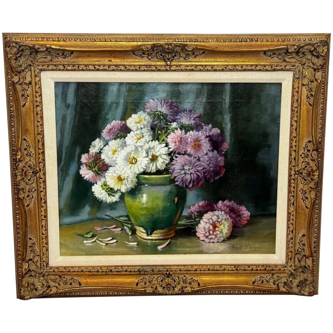 Victorian Still Life Oil Painting Flowers Chrysanthemums In Vase Emily Selinger: Oil Painting Still Life Vase of Chrysanthemums by Emily Selinger (née McGary) Click image to enlarge Description Important Fine Art Realism – Victorian 19th Century Oil Paintin