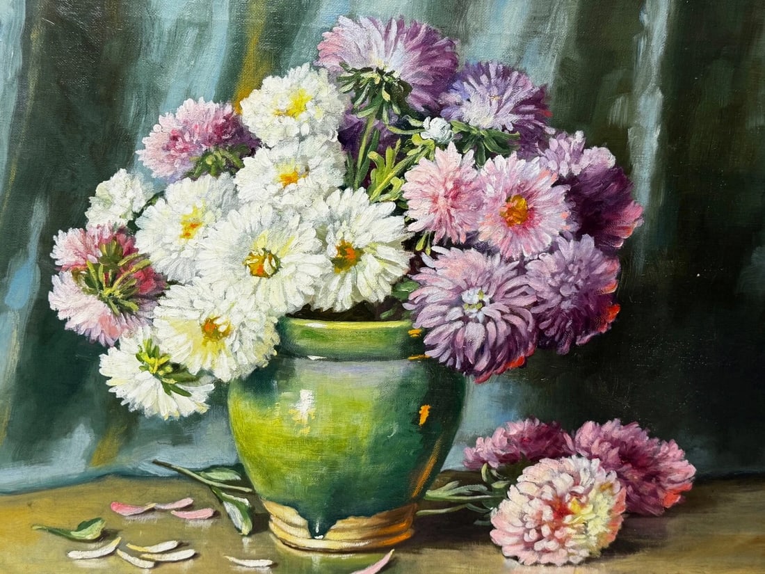 Victorian Still Life Oil Painting Flowers Chrysanthemums In Vase Emily Selinger - 2