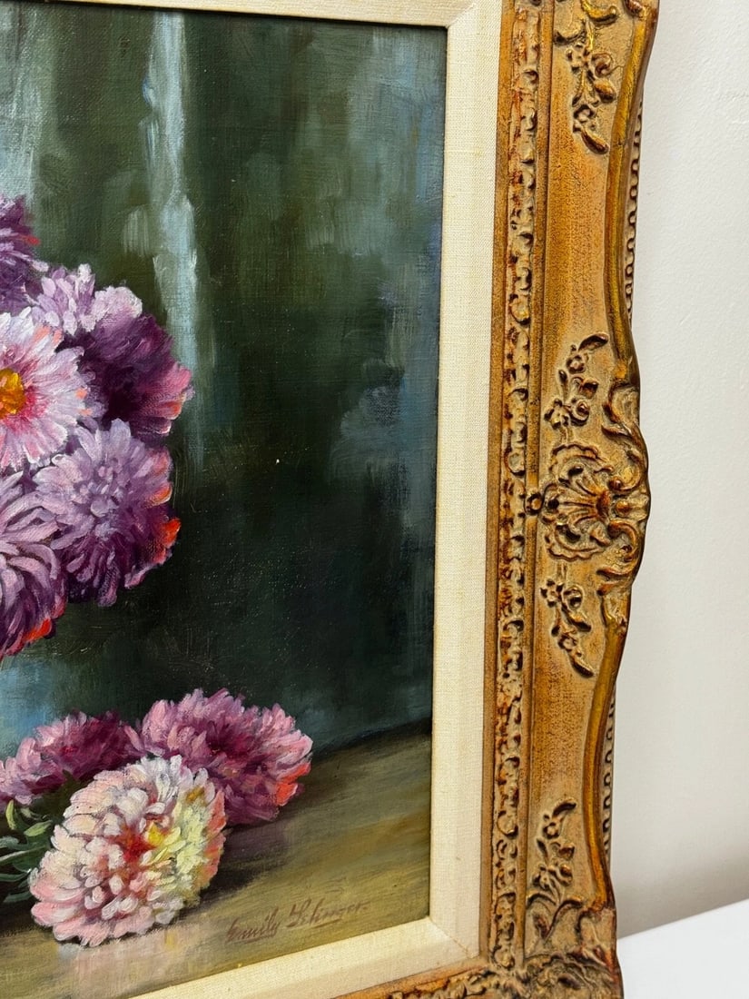 Victorian Still Life Oil Painting Flowers Chrysanthemums In Vase Emily Selinger - 4