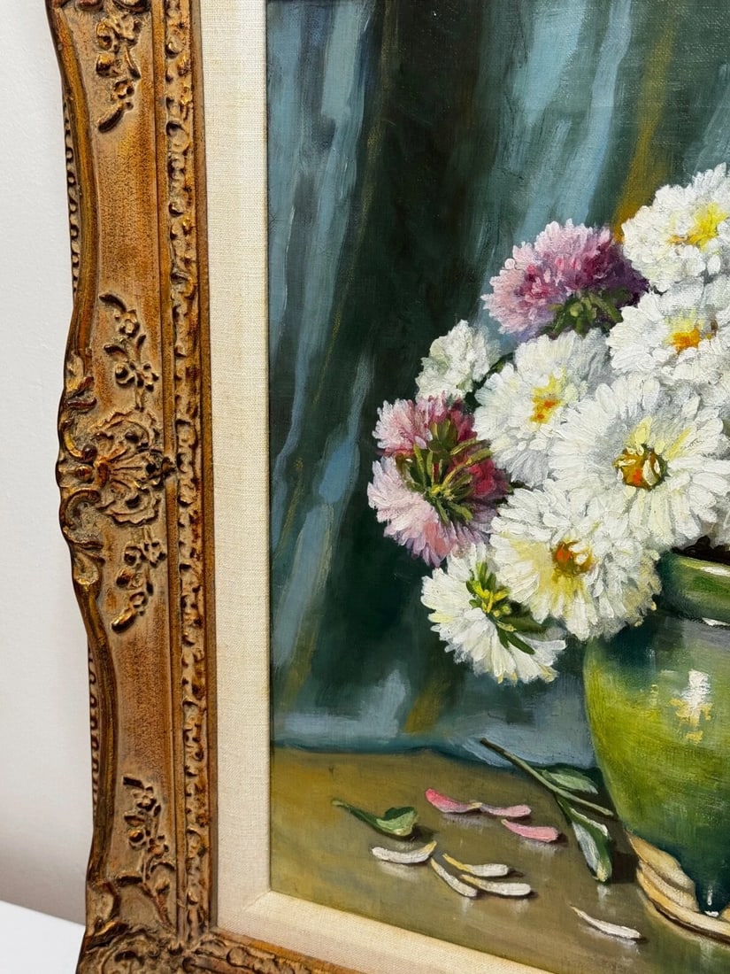 Victorian Still Life Oil Painting Flowers Chrysanthemums In Vase Emily Selinger - 5