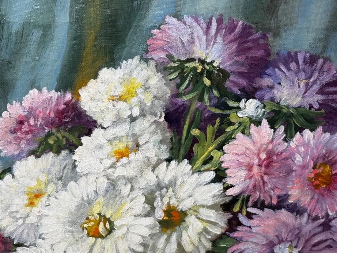 Victorian Still Life Oil Painting Flowers Chrysanthemums In Vase Emily Selinger - 7