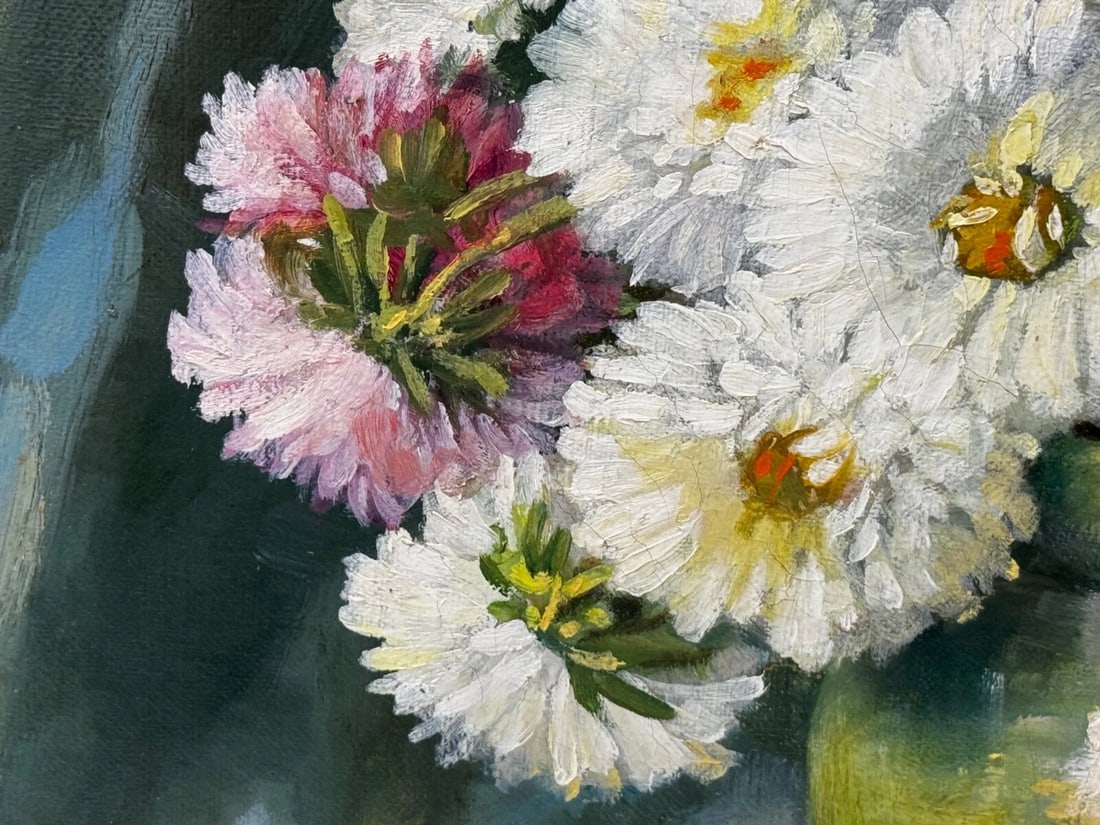 Victorian Still Life Oil Painting Flowers Chrysanthemums In Vase Emily Selinger - 8