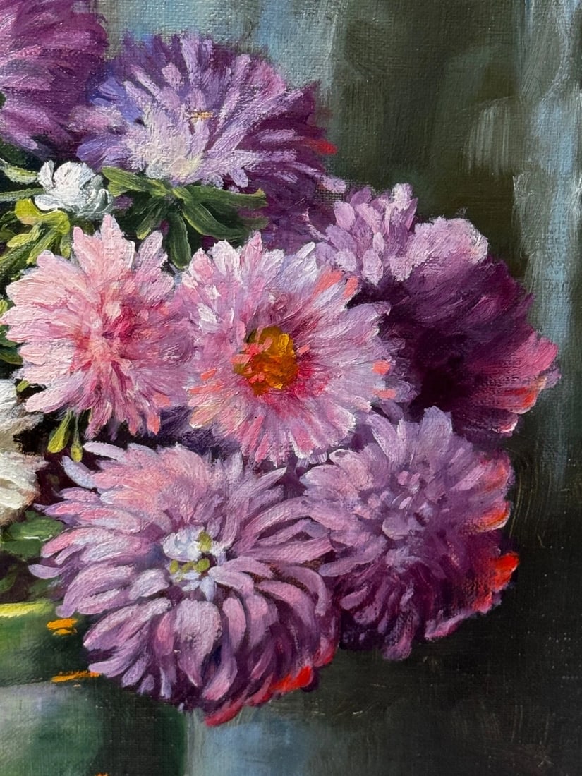 Victorian Still Life Oil Painting Flowers Chrysanthemums In Vase Emily Selinger - 9