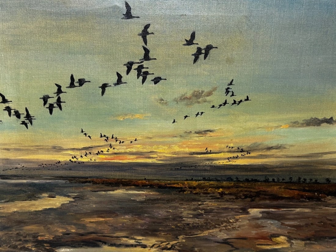 Painting Skein Brent Geese Flying Over Marsh The Fens South Holland Lincolnshire - 2