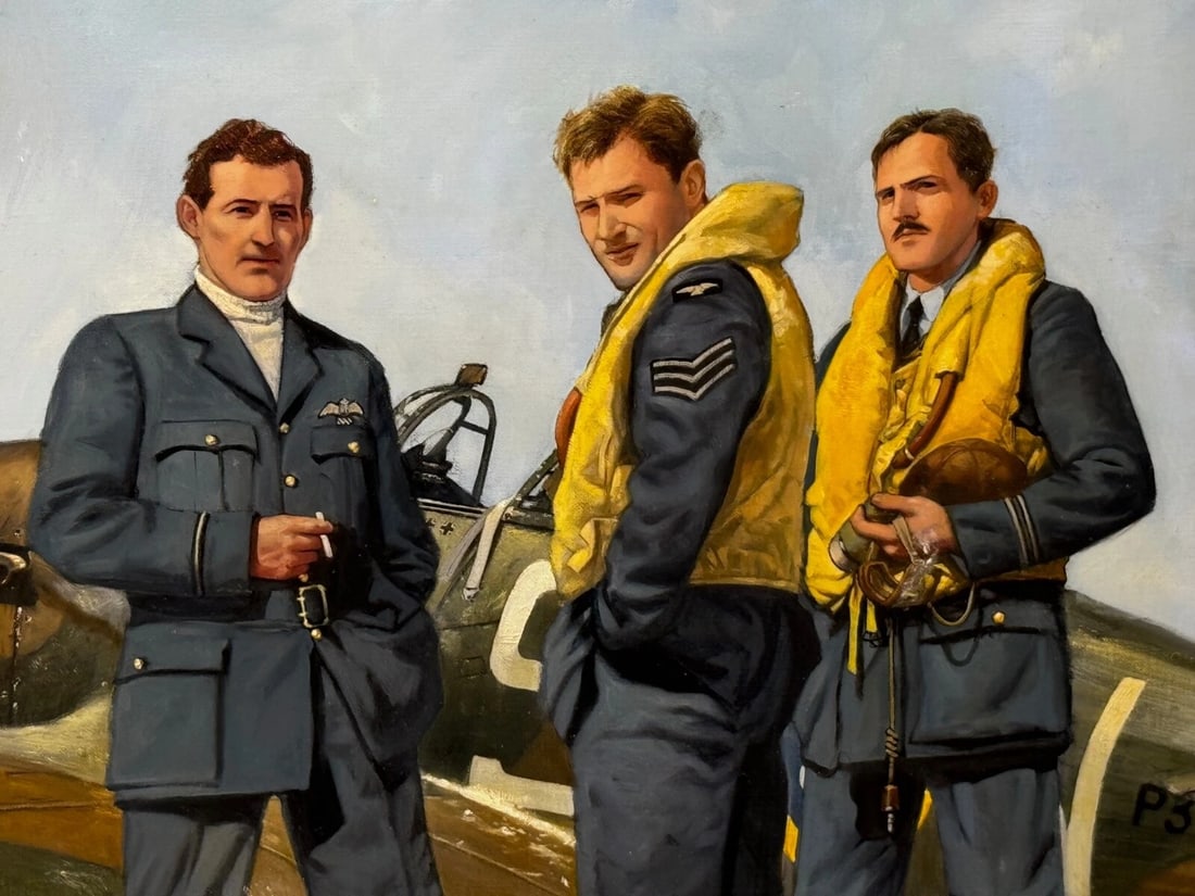 Large Oil Painting Battle Of Britain RAF Pilots Ready For Takeoff Biggin Hill - 10