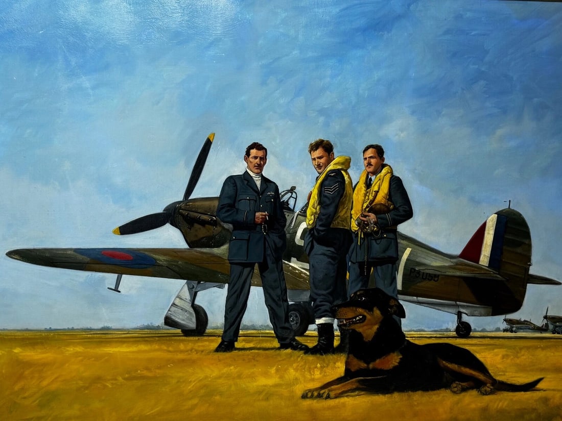 Large Oil Painting Battle Of Britain RAF Pilots Ready For Takeoff Biggin Hill - 2