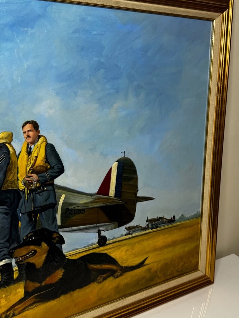 Large Oil Painting Battle Of Britain RAF Pilots Ready For Takeoff Biggin Hill - 3