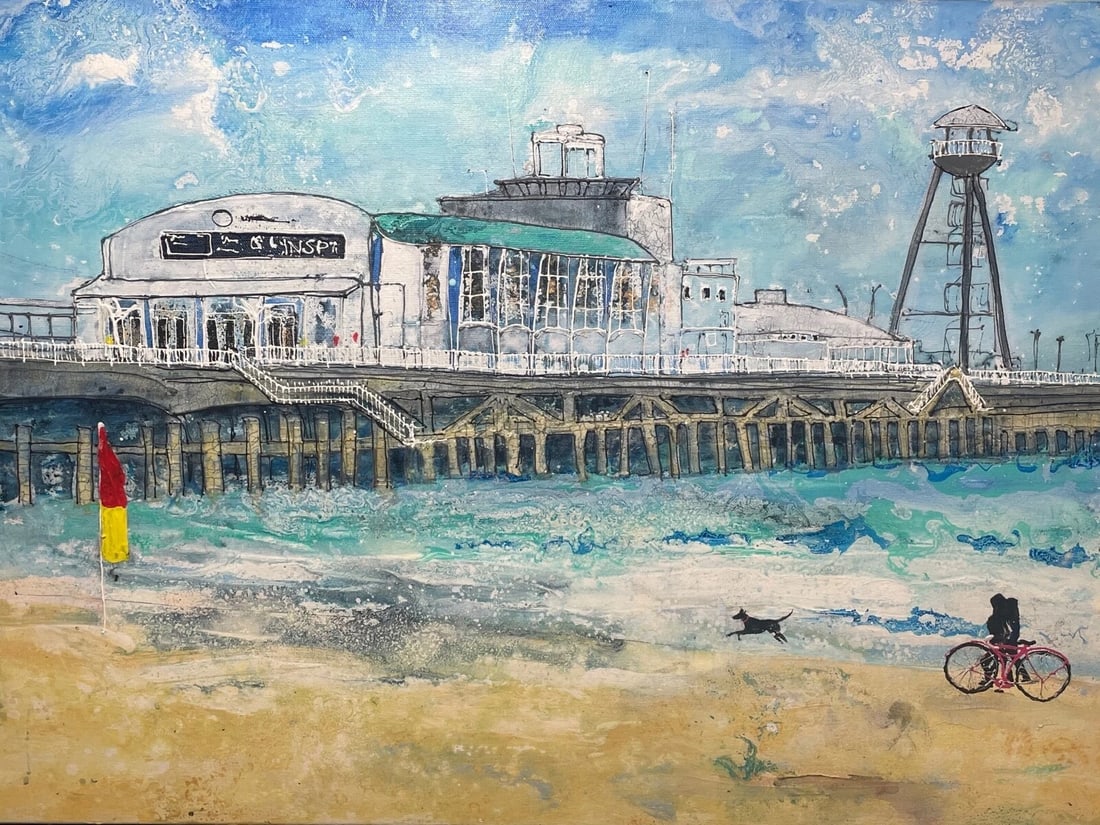 Contemporary Oil Painting Beach Seaside Bournemouth Pier Signed Katharine Dove - 3
