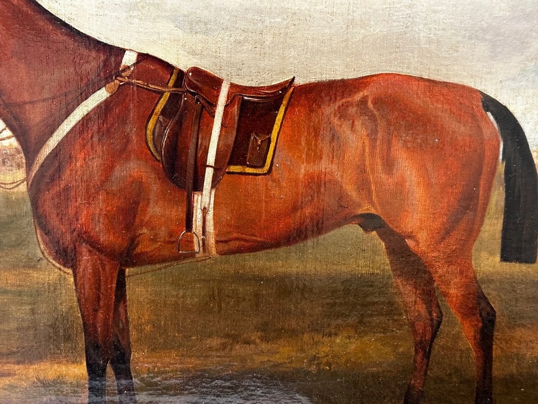 British Oil Painting Victorian Equine Bay Hunter Horse With Groom At French Fair - 10
