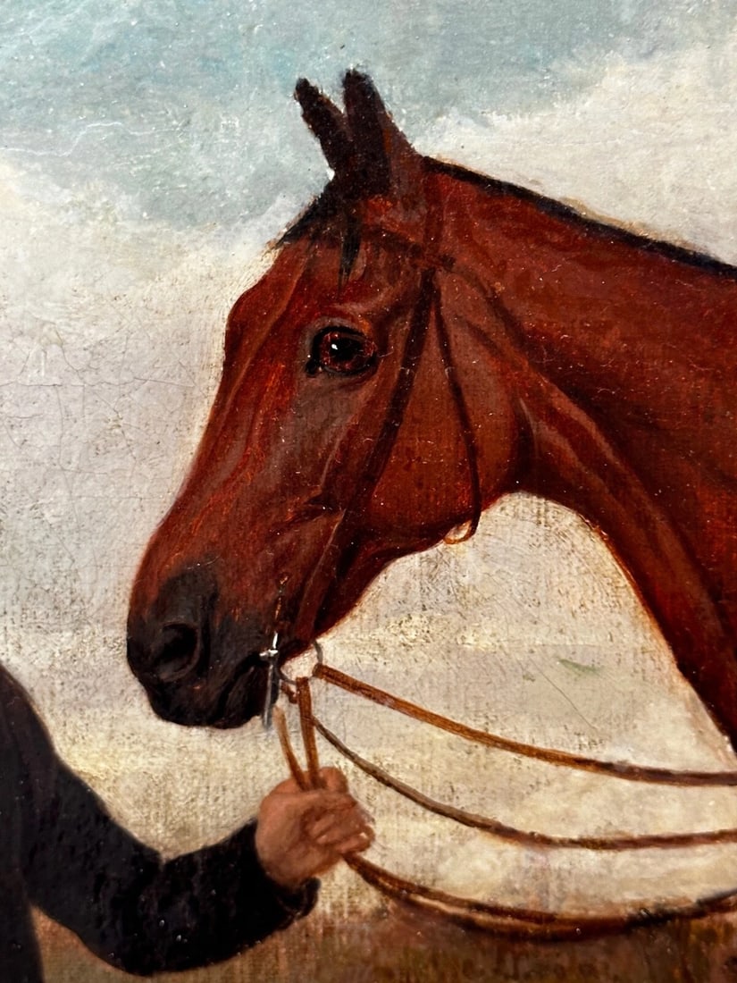British Oil Painting Victorian Equine Bay Hunter Horse With Groom At French Fair - 11