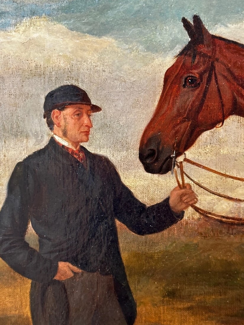 British Oil Painting Victorian Equine Bay Hunter Horse With Groom At French Fair - 12