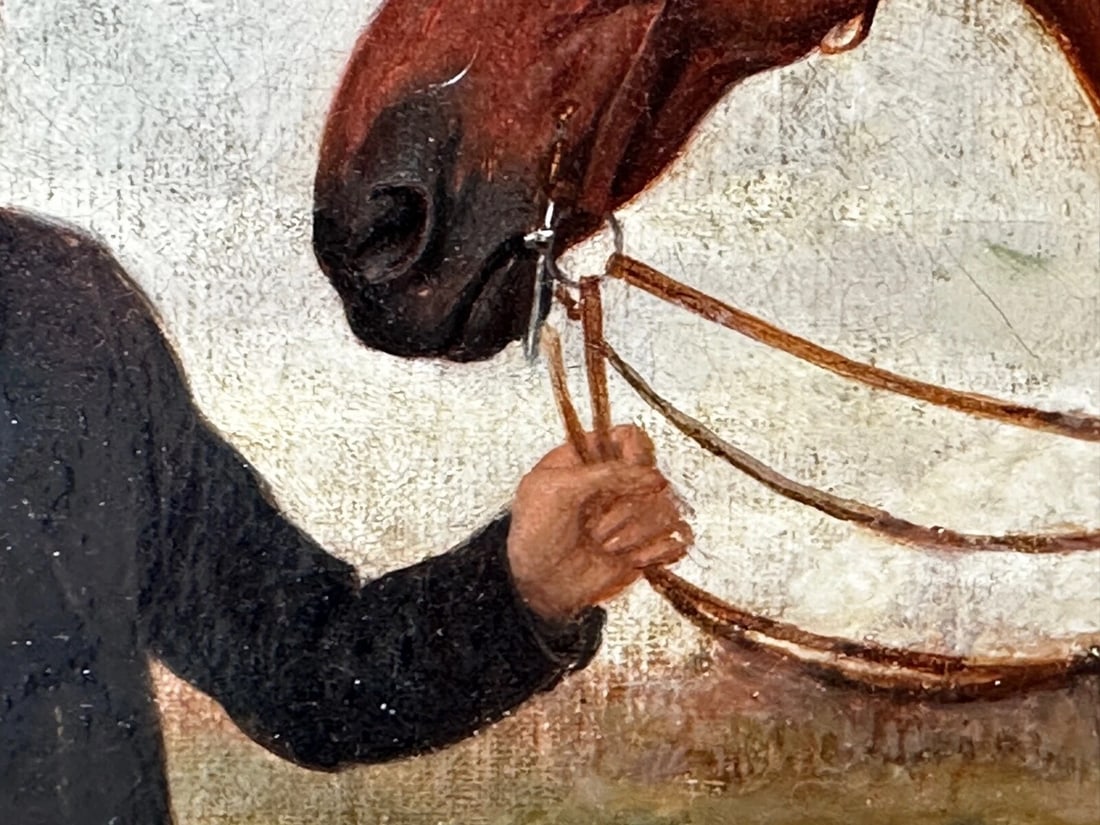 British Oil Painting Victorian Equine Bay Hunter Horse With Groom At French Fair - 14