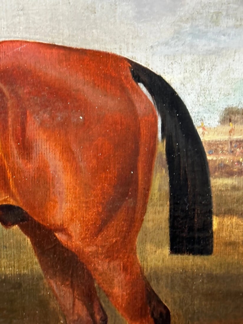 British Oil Painting Victorian Equine Bay Hunter Horse With Groom At French Fair - 17