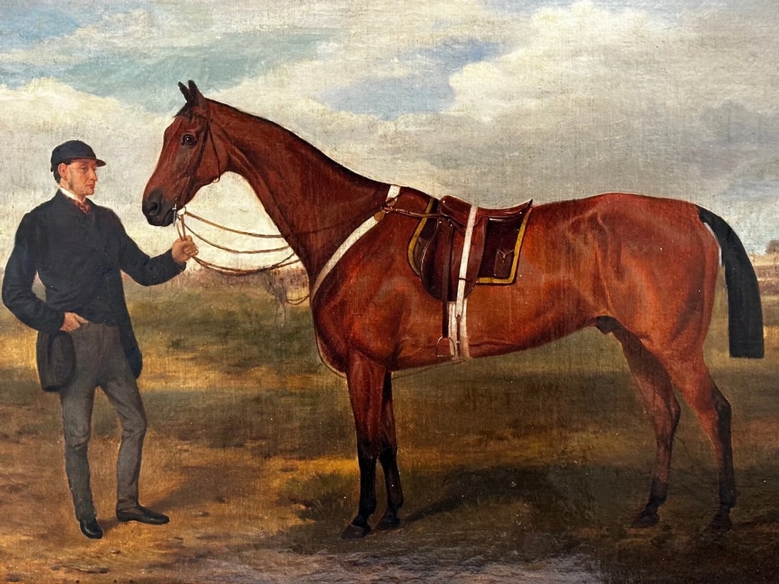 British Oil Painting Victorian Equine Bay Hunter Horse With Groom At French Fair - 2