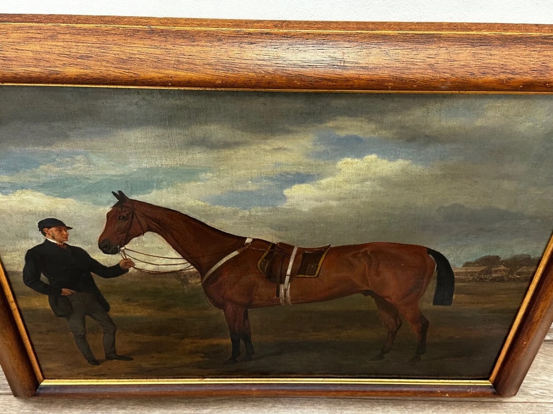 British Oil Painting Victorian Equine Bay Hunter Horse With Groom At French Fair - 3