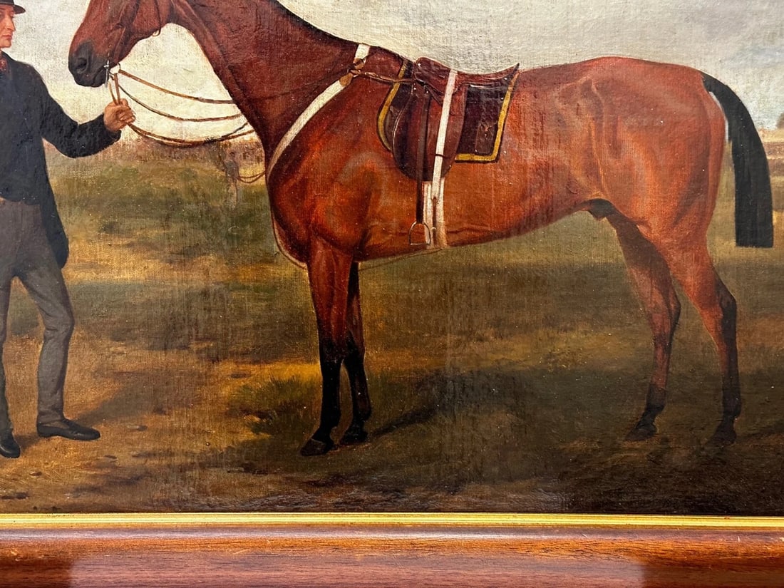 British Oil Painting Victorian Equine Bay Hunter Horse With Groom At French Fair - 5