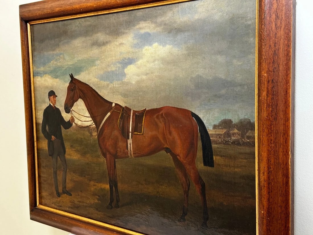 British Oil Painting Victorian Equine Bay Hunter Horse With Groom At French Fair - 6