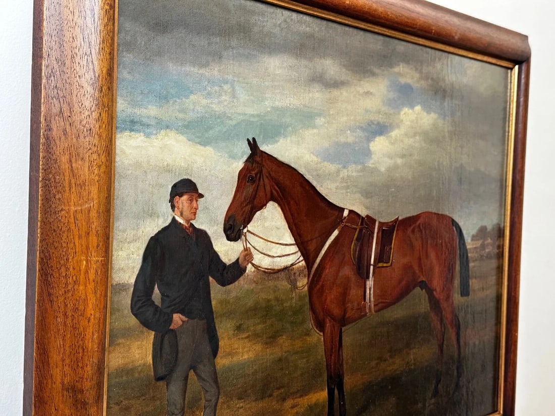 British Oil Painting Victorian Equine Bay Hunter Horse With Groom At French Fair - 7