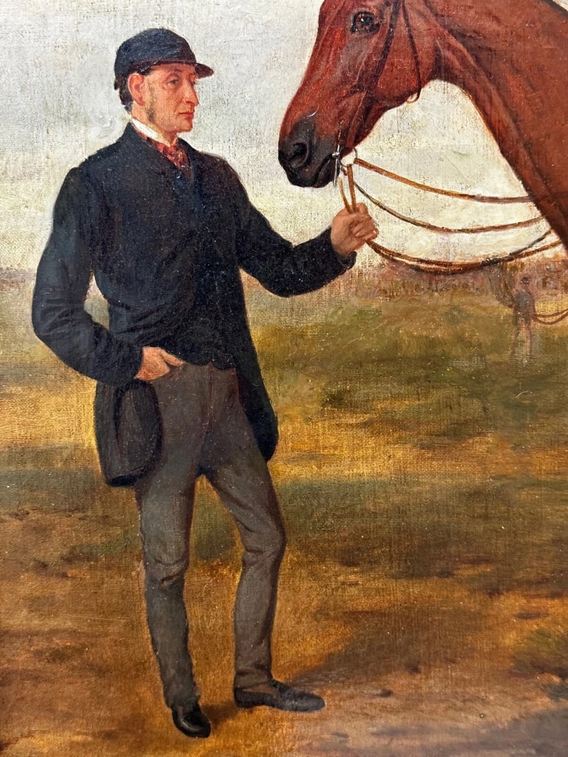 British Oil Painting Victorian Equine Bay Hunter Horse With Groom At French Fair - 8