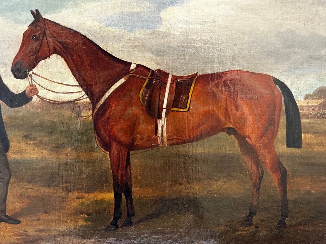 British Oil Painting Victorian Equine Bay Hunter Horse With Groom At French Fair - 9