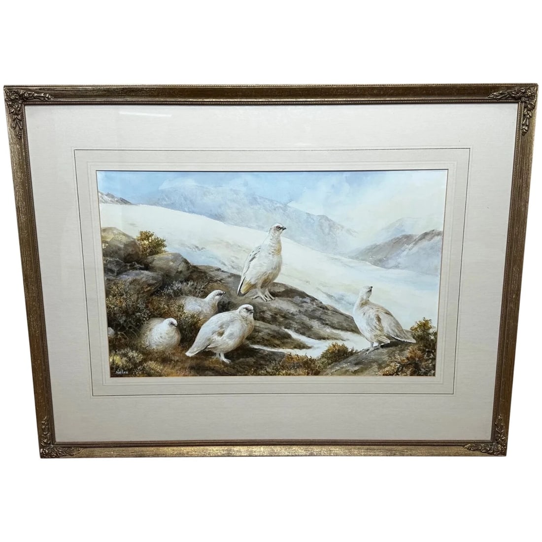 British Painting Highland Moors Wildlife Covey Of Ptarmigan Game Birds On Alert