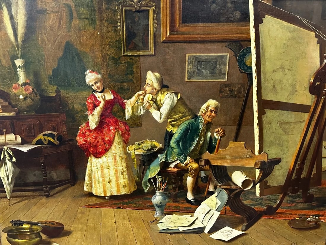 19th Century Italian Genre Mutual Admiration Oil Painting By Pompeo Massani - 2