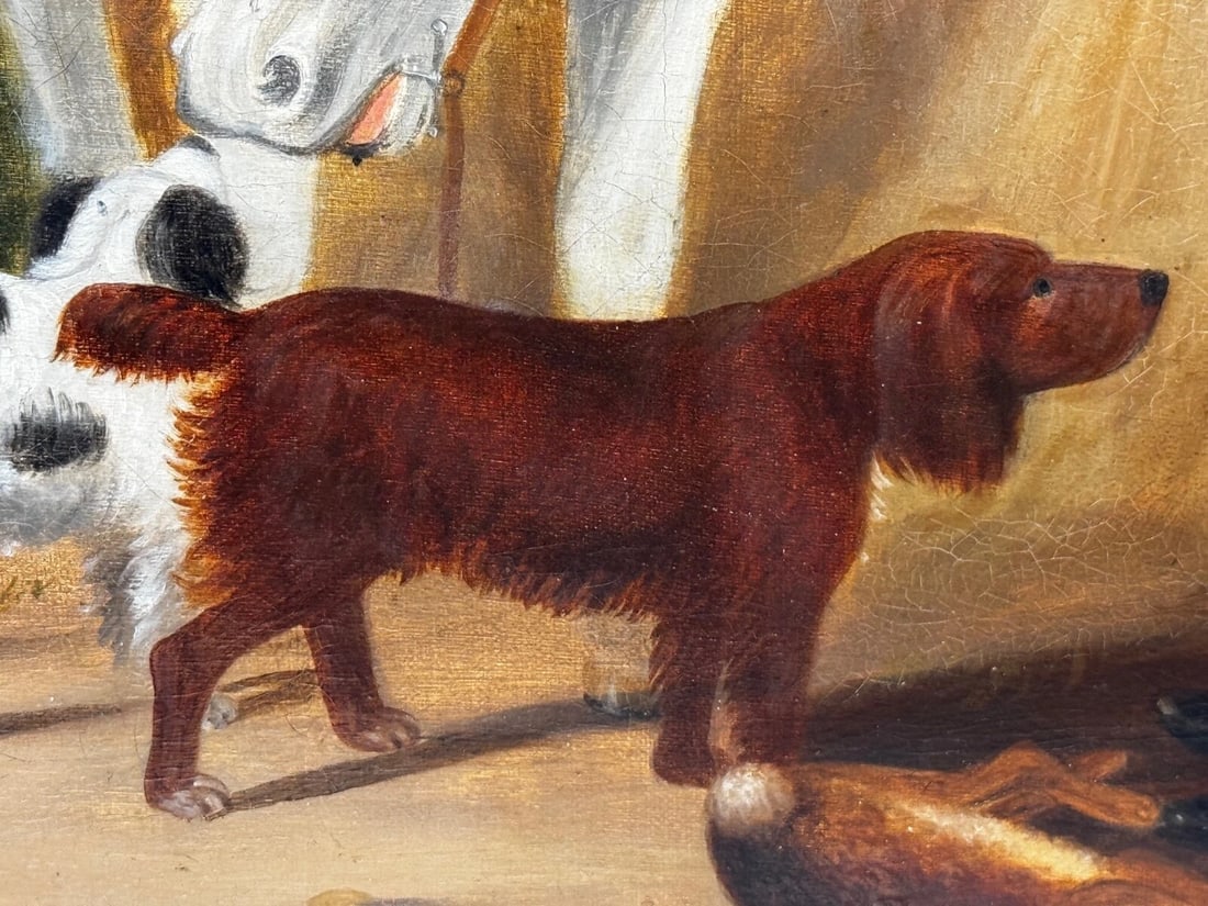 Hunting Party Oil Painting Spaniel Pointer Dogs Lord With Purdey In Grey Top Hat - 11