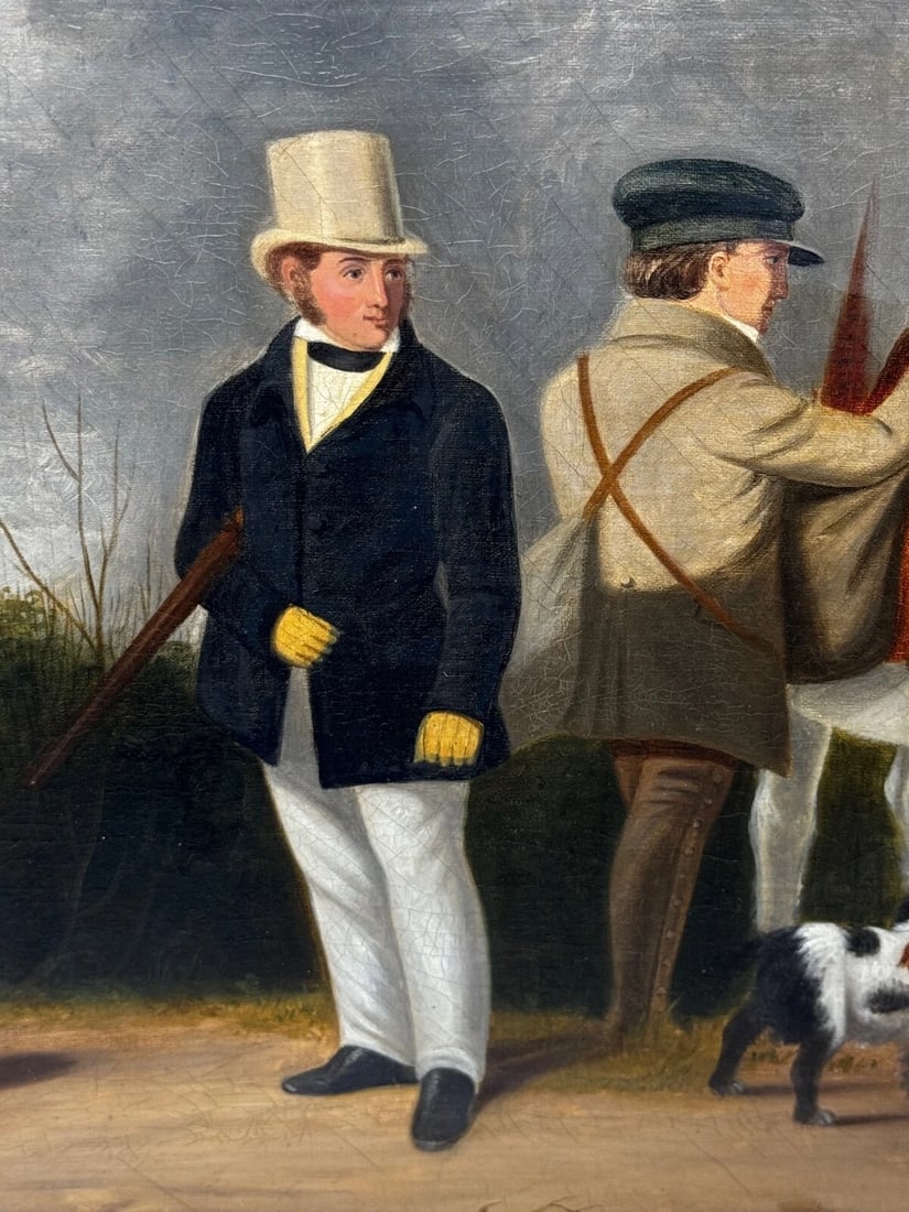 Hunting Party Oil Painting Spaniel Pointer Dogs Lord With Purdey In Grey Top Hat - 18
