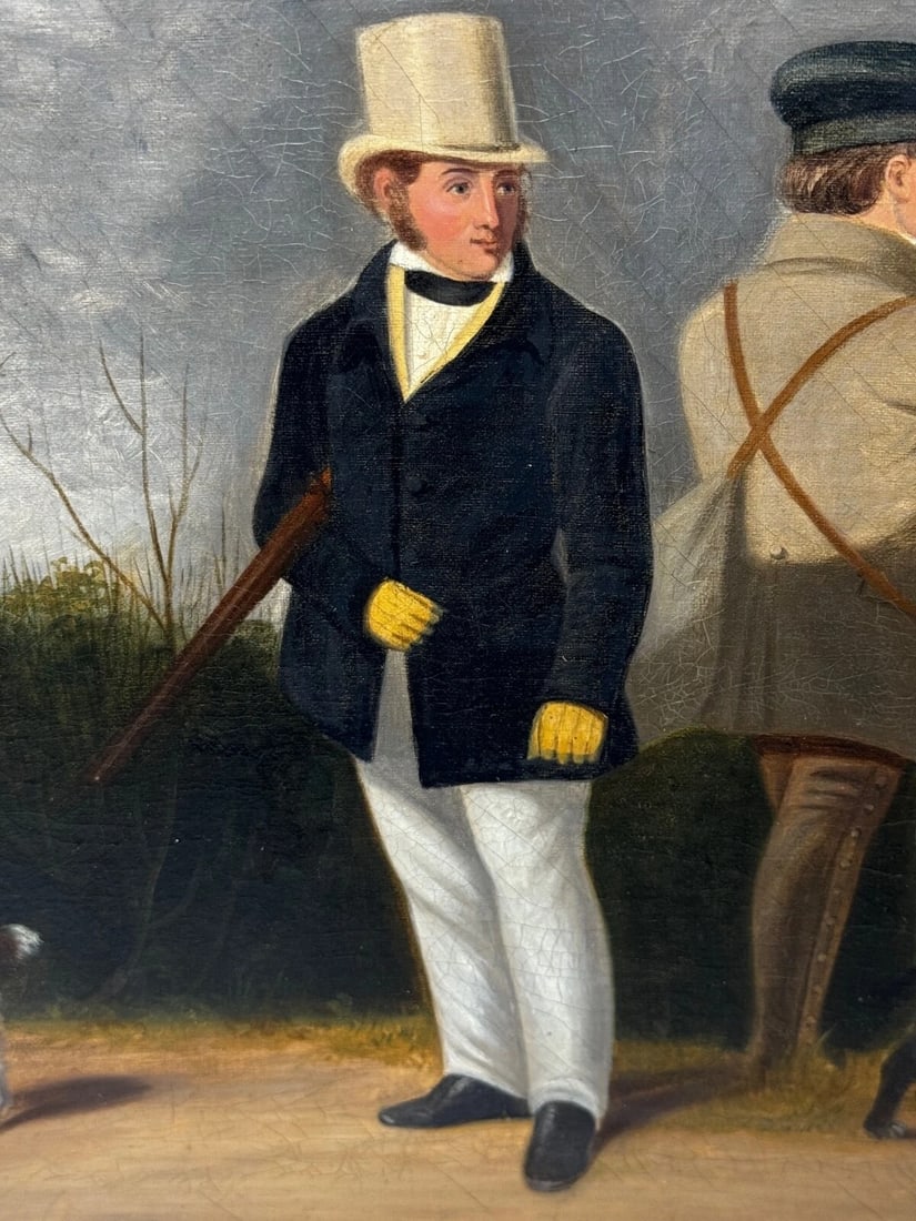Hunting Party Oil Painting Spaniel Pointer Dogs Lord With Purdey In Grey Top Hat - 20