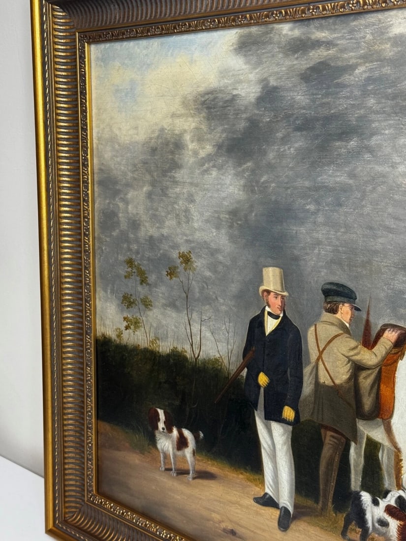 Hunting Party Oil Painting Spaniel Pointer Dogs Lord With Purdey In Grey Top Hat - 3