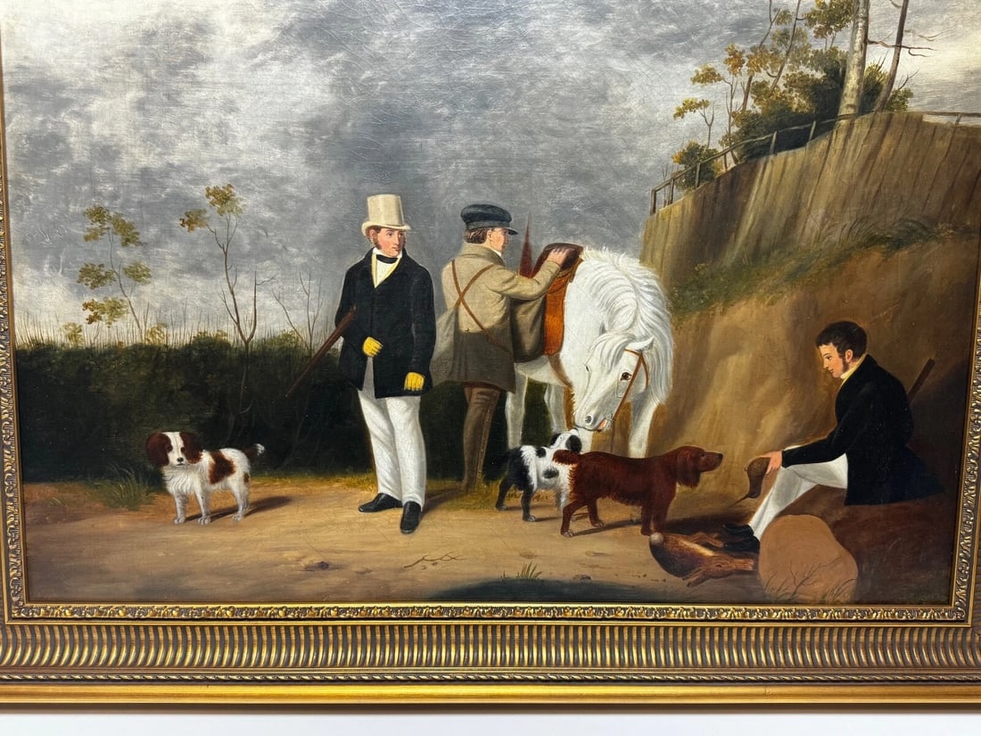 Hunting Party Oil Painting Spaniel Pointer Dogs Lord With Purdey In Grey Top Hat - 4