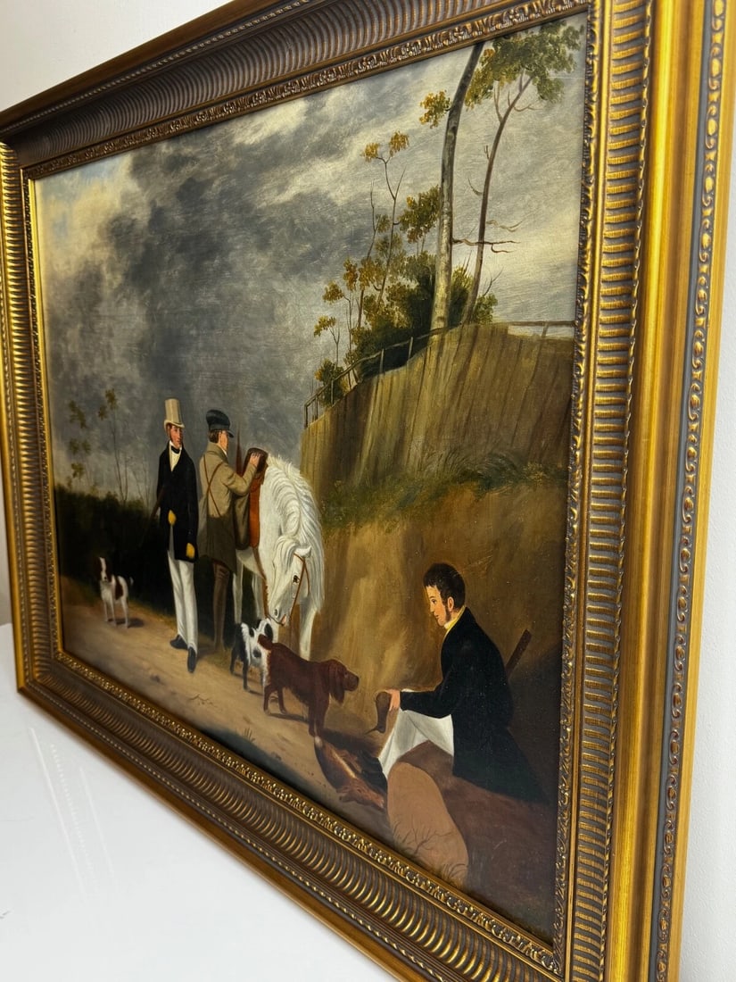 Hunting Party Oil Painting Spaniel Pointer Dogs Lord With Purdey In Grey Top Hat - 6