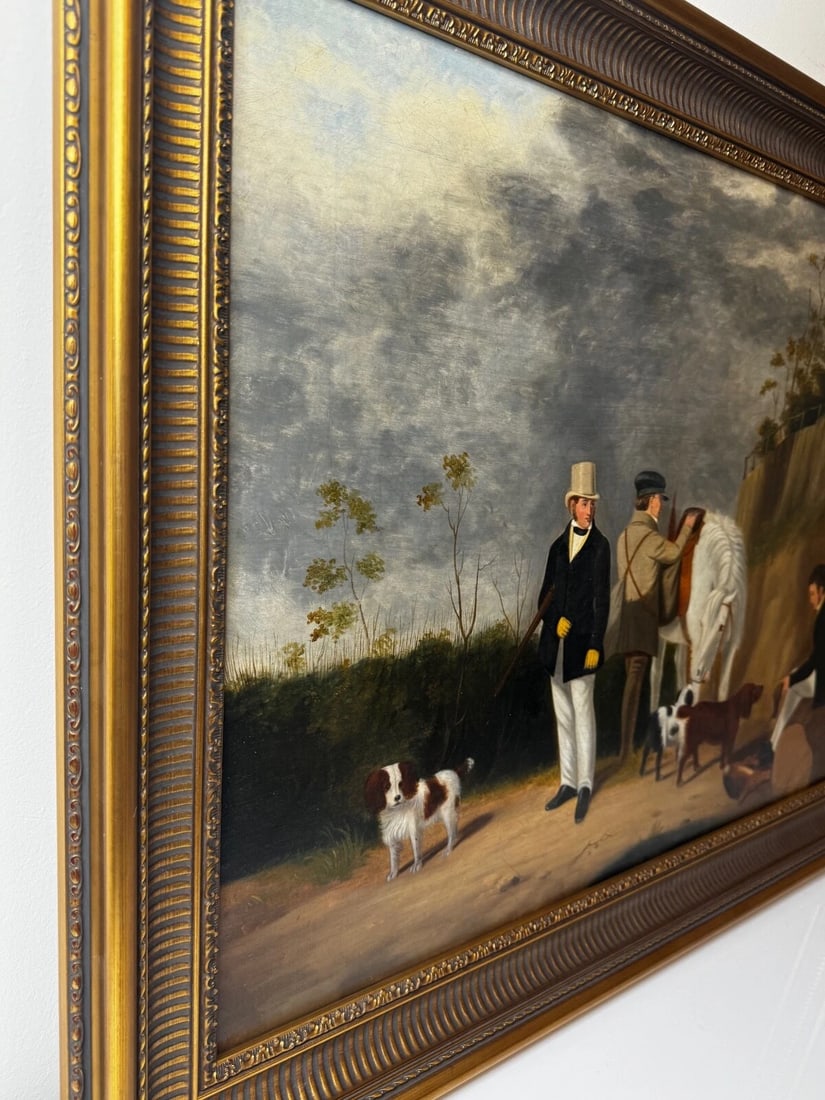 Hunting Party Oil Painting Spaniel Pointer Dogs Lord With Purdey In Grey Top Hat - 7