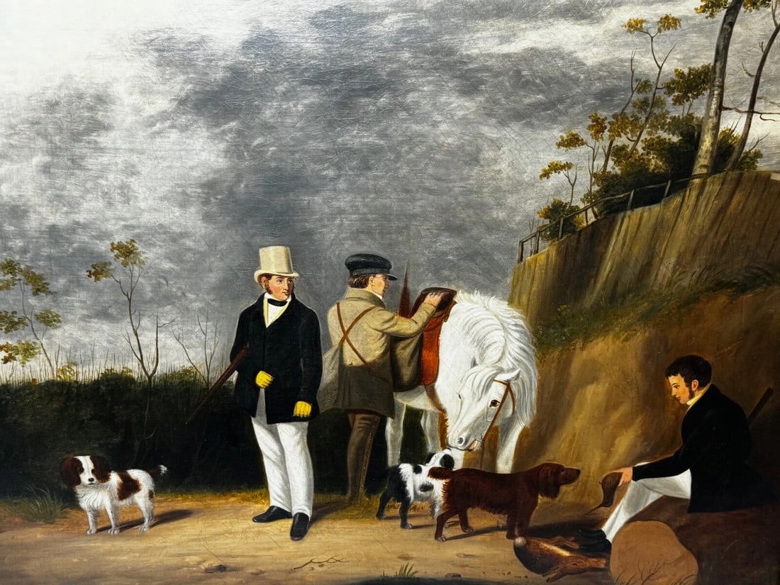 Hunting Party Oil Painting Spaniel Pointer Dogs Lord With Purdey In Grey Top Hat - 8