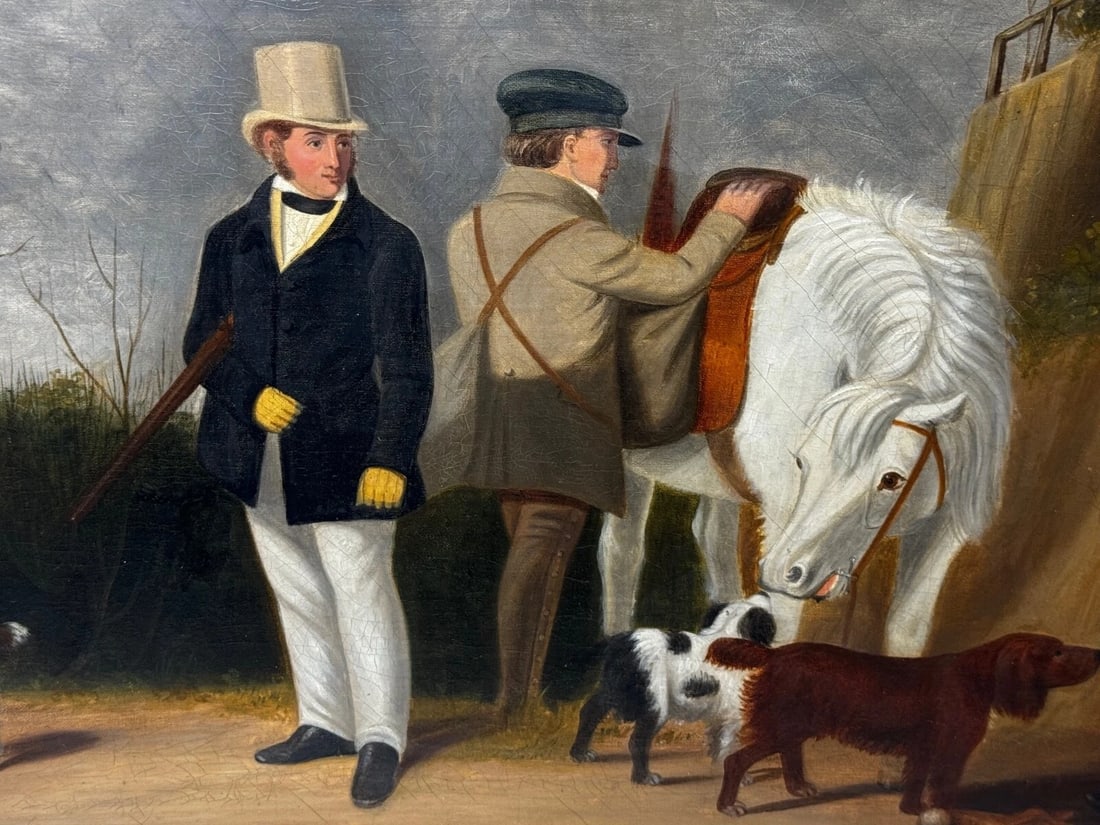 Hunting Party Oil Painting Spaniel Pointer Dogs Lord With Purdey In Grey Top Hat - 9