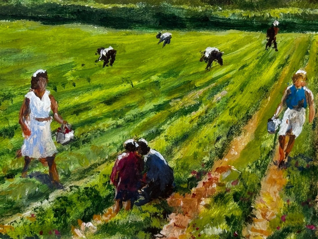Impressionist Oil Painting Strawberry Pickers At South Downs British Summer - 11