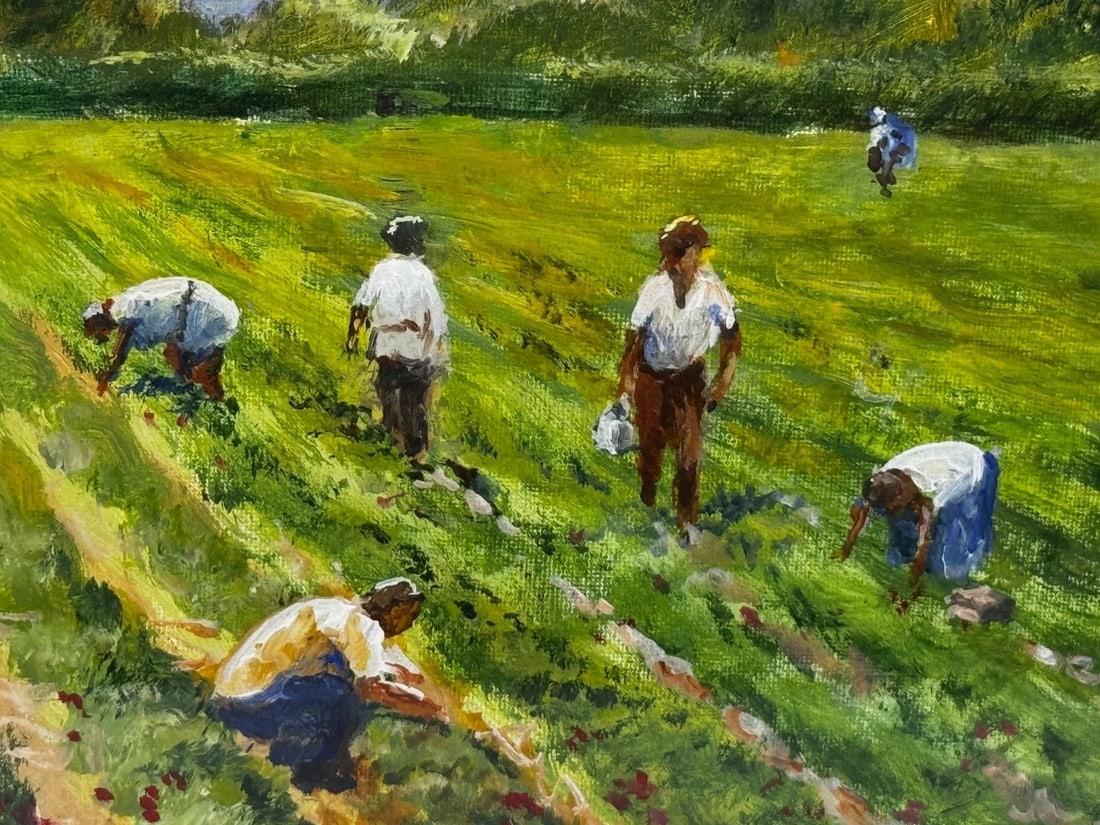 Impressionist Oil Painting Strawberry Pickers At South Downs British Summer - 16