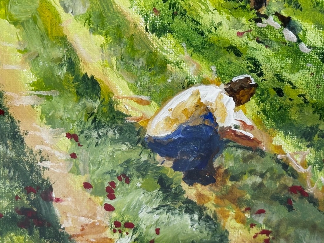 Impressionist Oil Painting Strawberry Pickers At South Downs British Summer - 17