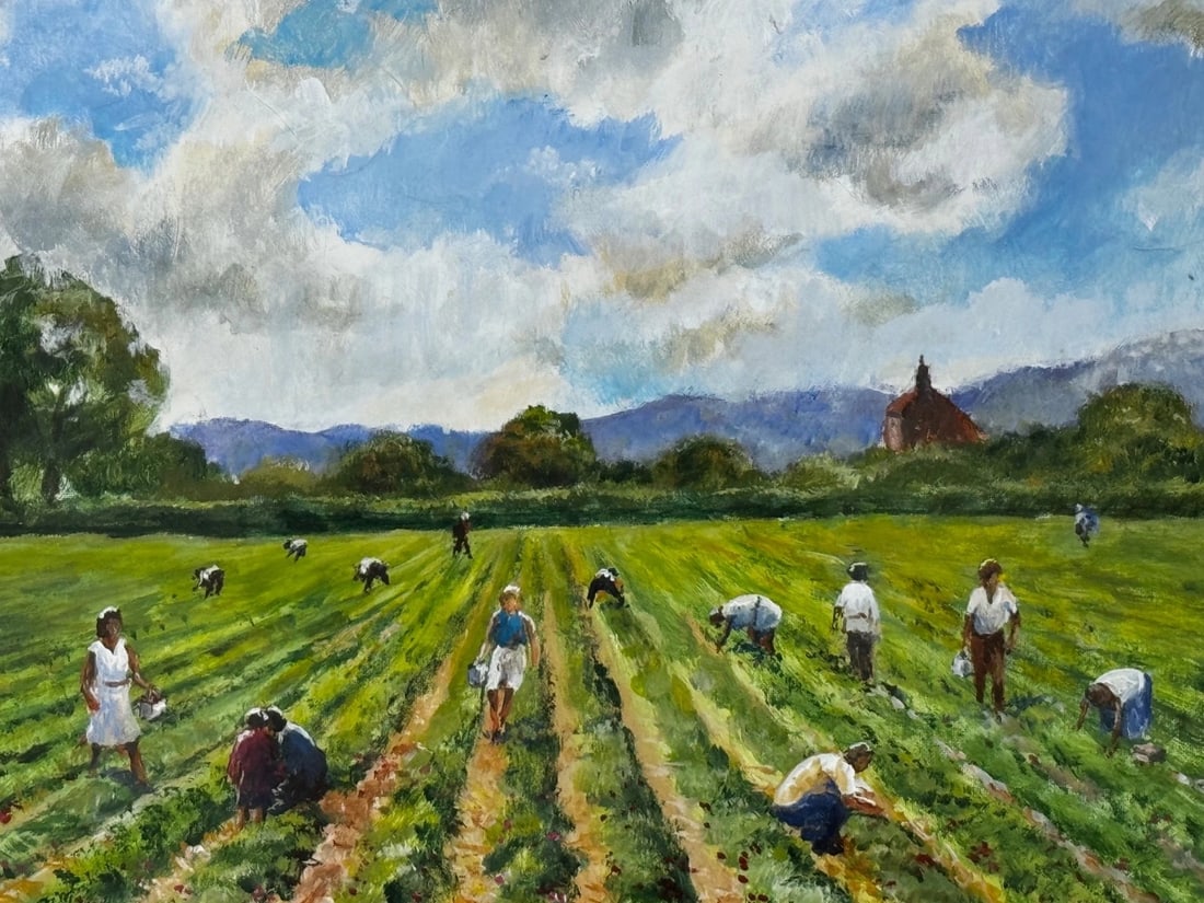 Impressionist Oil Painting Strawberry Pickers At South Downs British Summer - 6