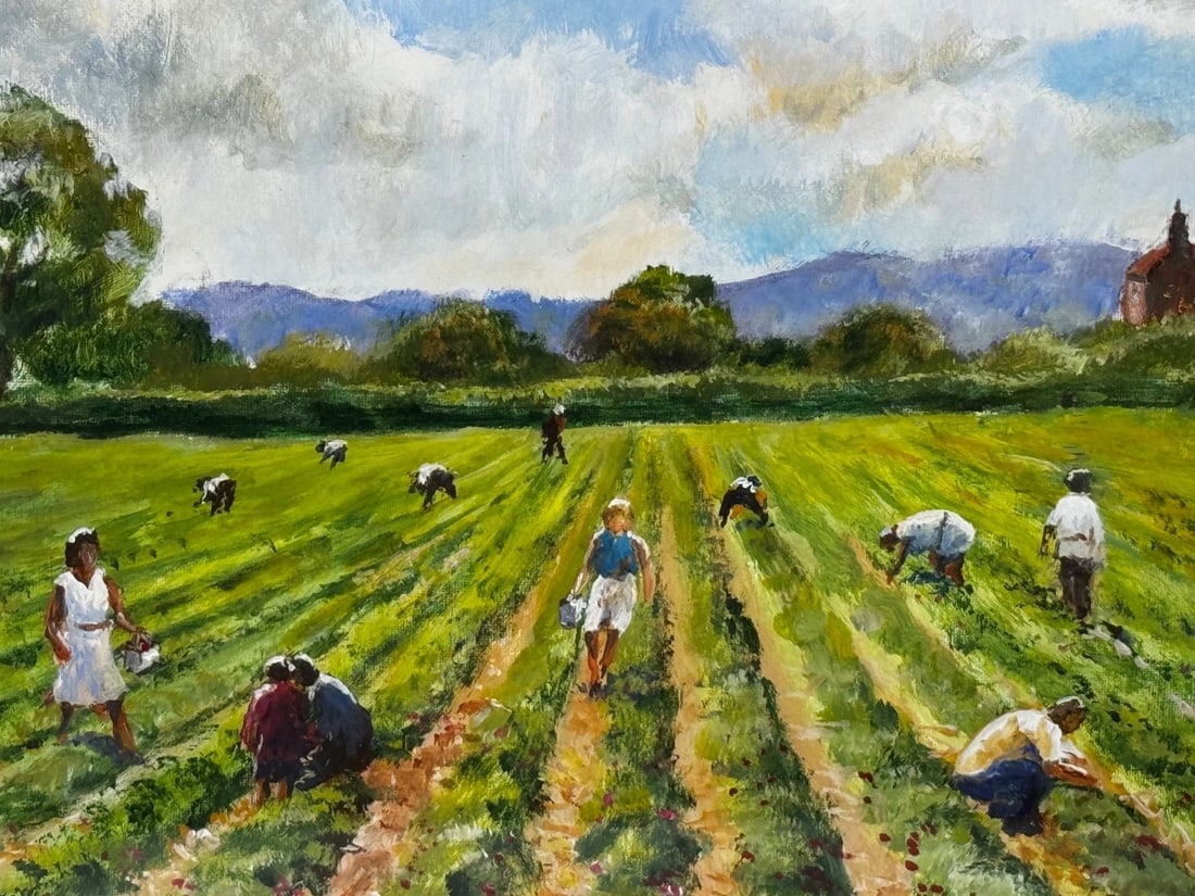 Impressionist Oil Painting Strawberry Pickers At South Downs British Summer - 9