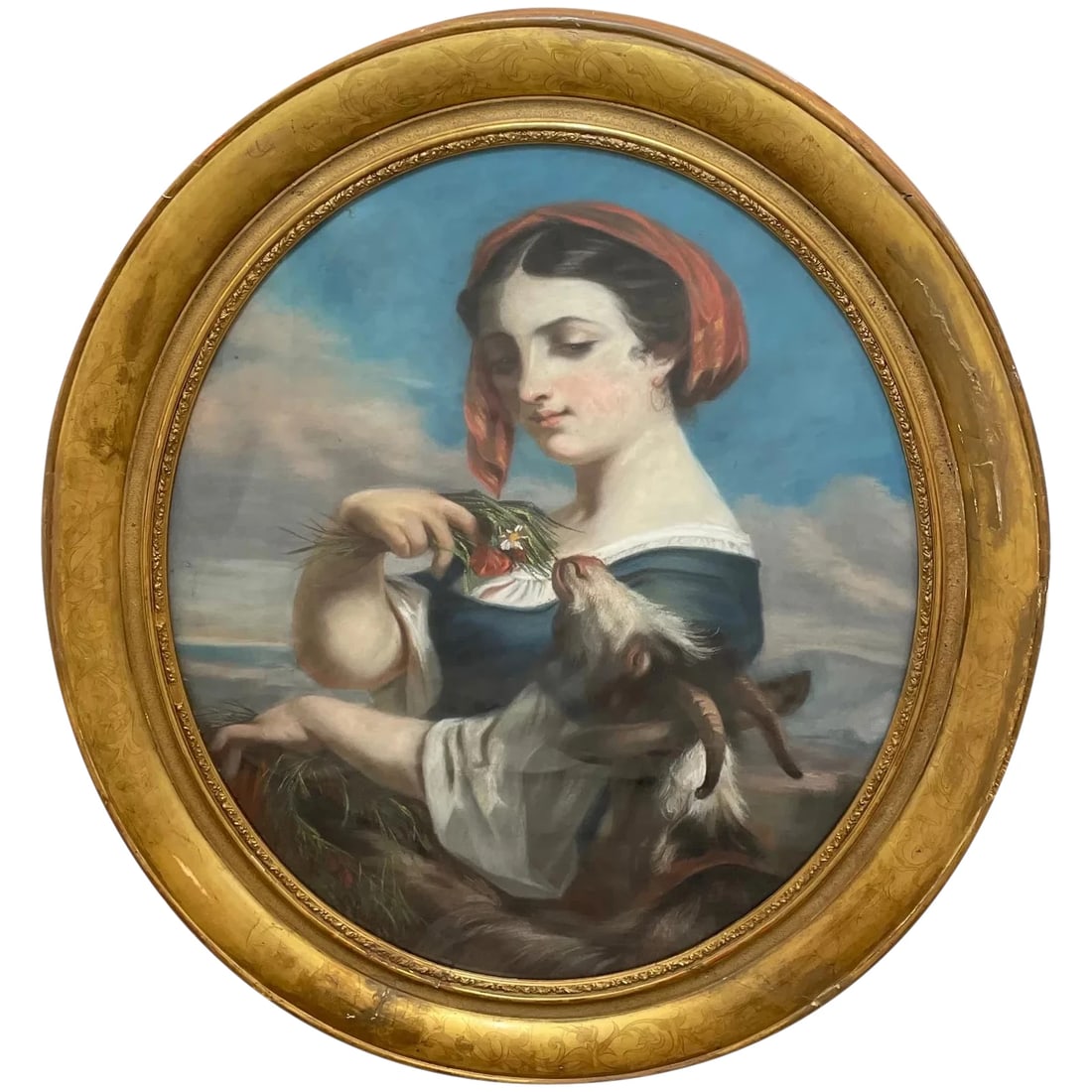 French Painting Young Woman Feeding Goat Flowers ATTRIB Fantin Latour Theodore