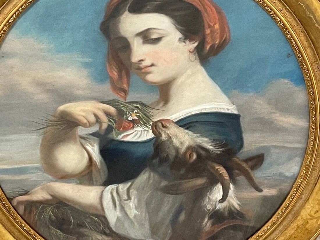 French Painting Young Woman Feeding Goat Flowers ATTRIB Fantin Latour Theodore - 2