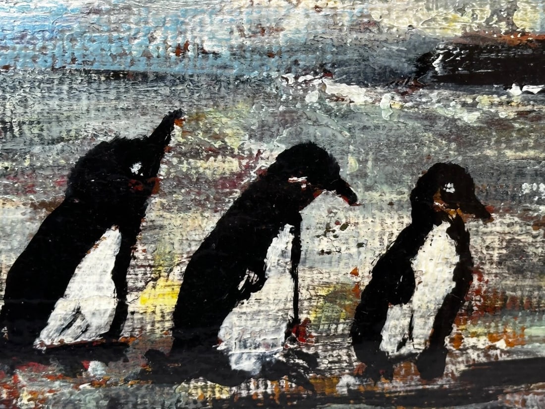 Oil Painting Winter Waddle Group Black & White Polar Penguins Antarctica - 12