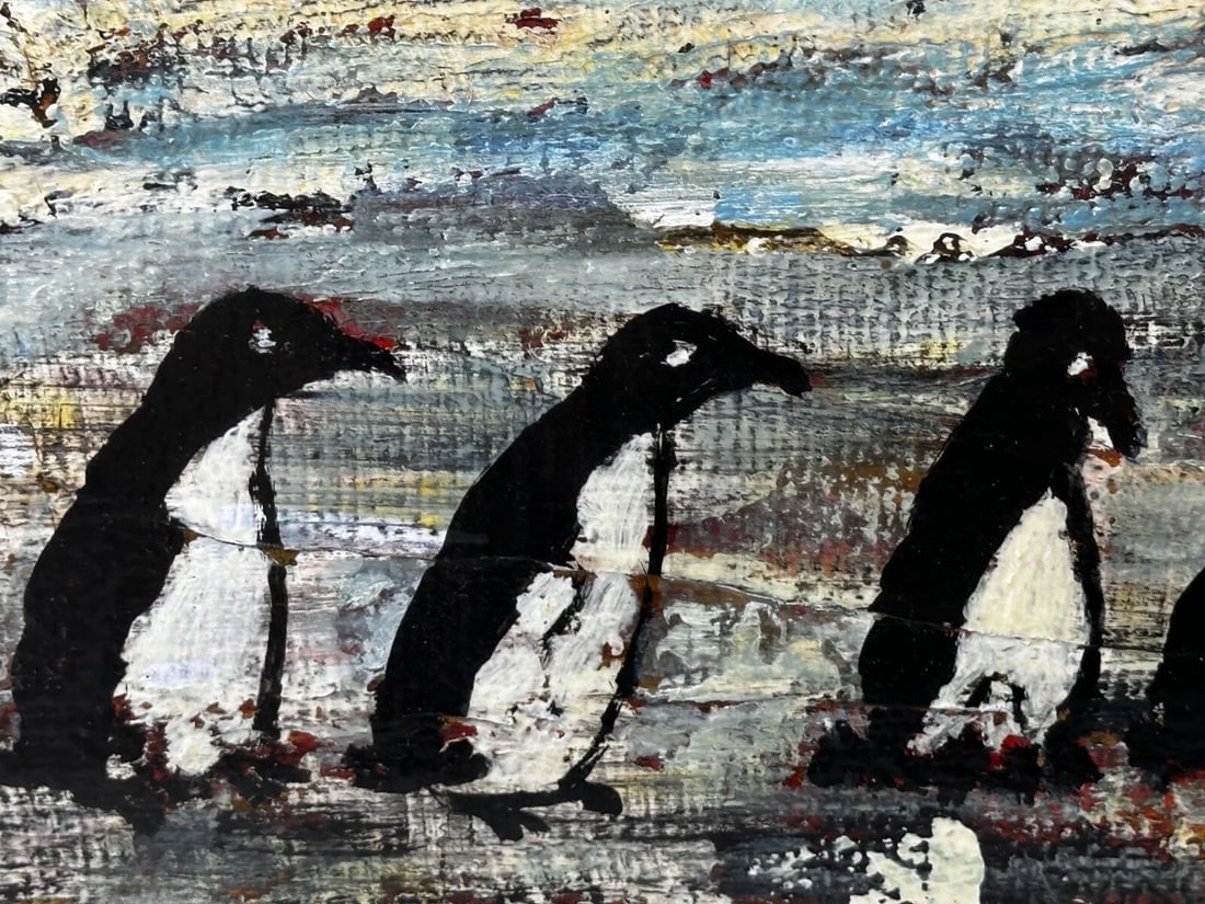 Oil Painting Winter Waddle Group Black & White Polar Penguins Antarctica - 13