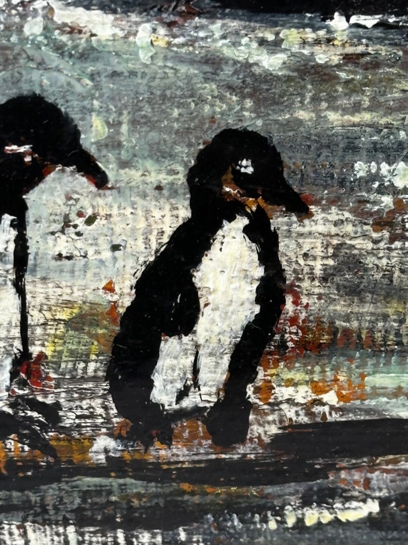 Oil Painting Winter Waddle Group Black & White Polar Penguins Antarctica - 14