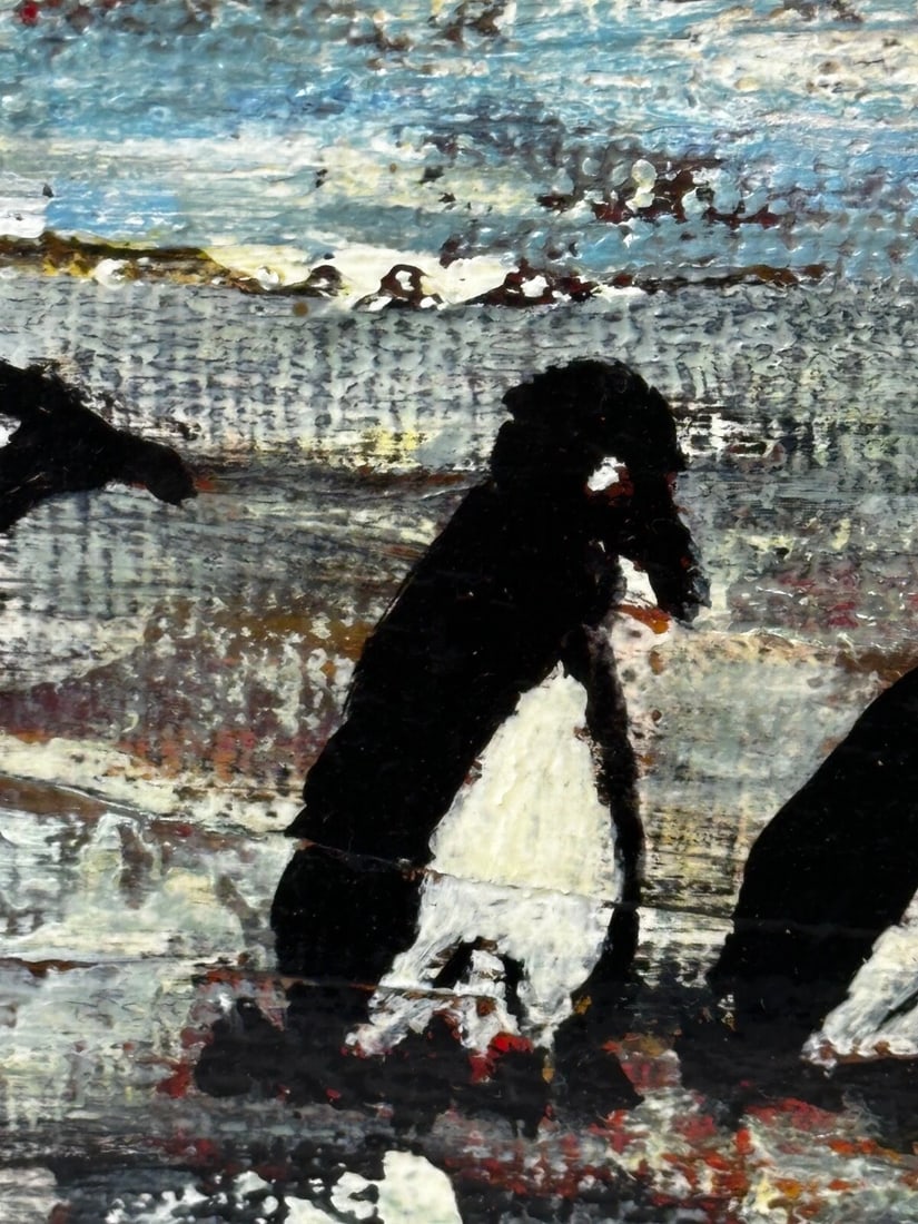 Oil Painting Winter Waddle Group Black & White Polar Penguins Antarctica - 15